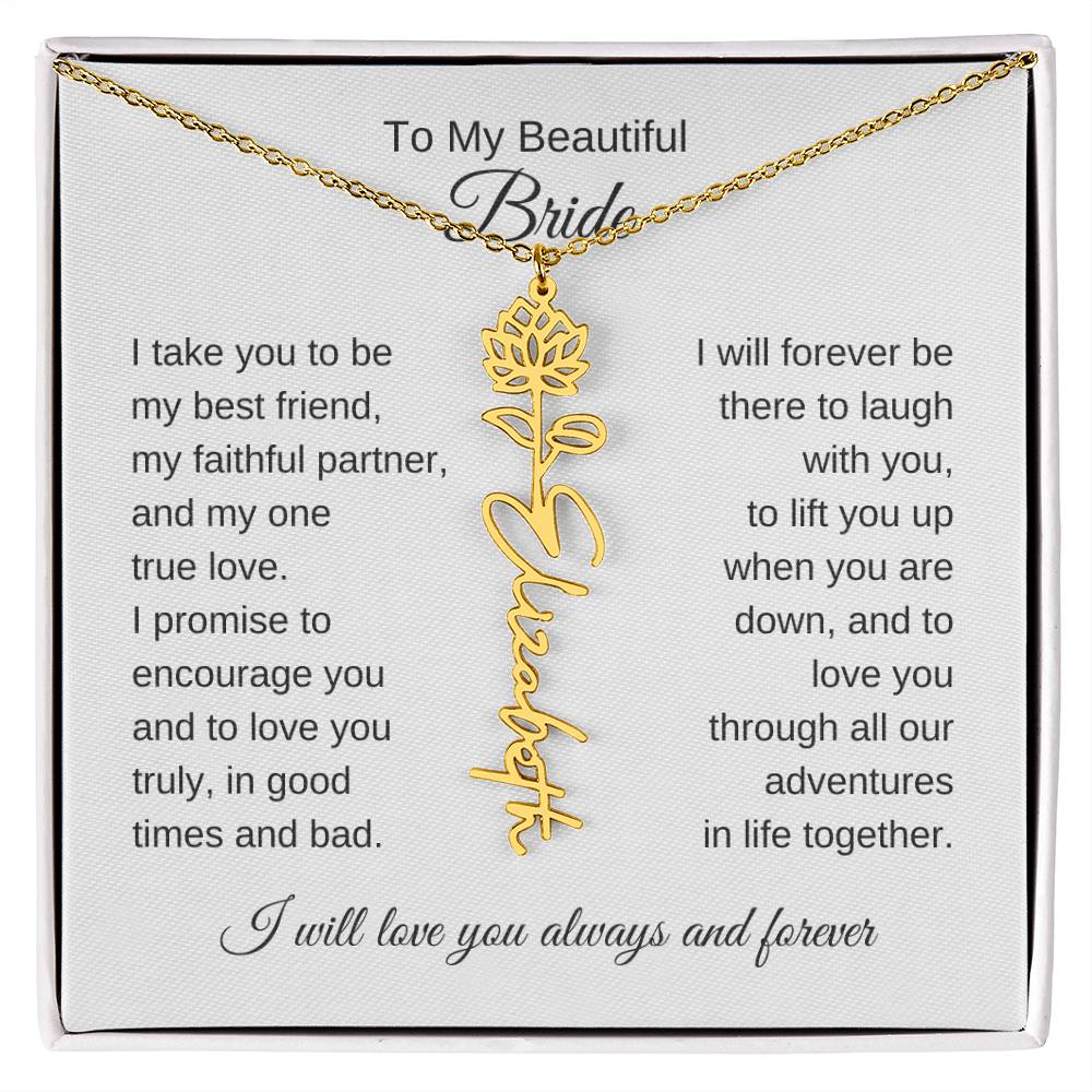 To My Beautiful Bride Gift To Bride From Groom Wedding Gift Flower Name Necklace