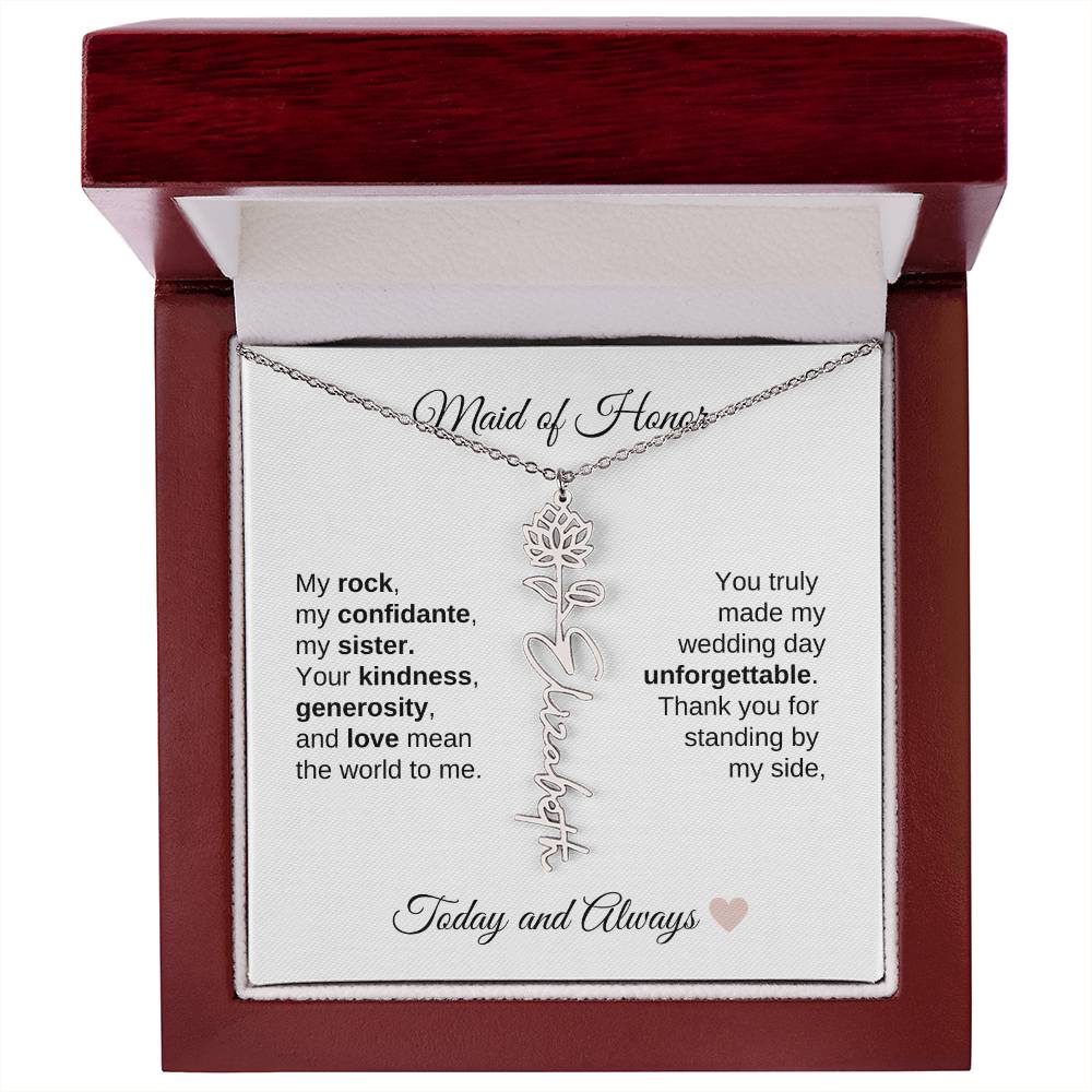 Maid of Honor Wedding Day Gifts Bridal Party Gifts Birth Flower Name Necklace