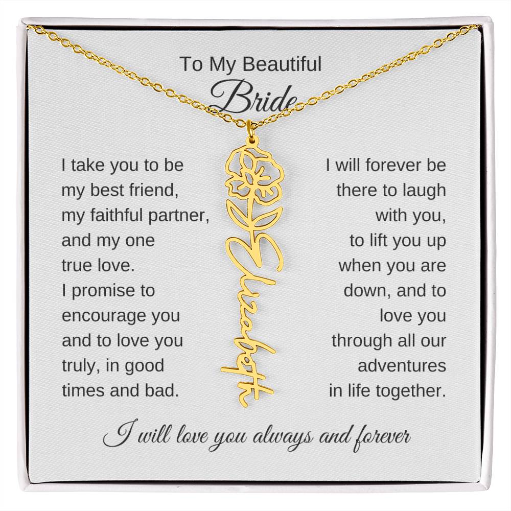 To My Beautiful Bride Gift To Bride From Groom Wedding Gift Flower Name Necklace