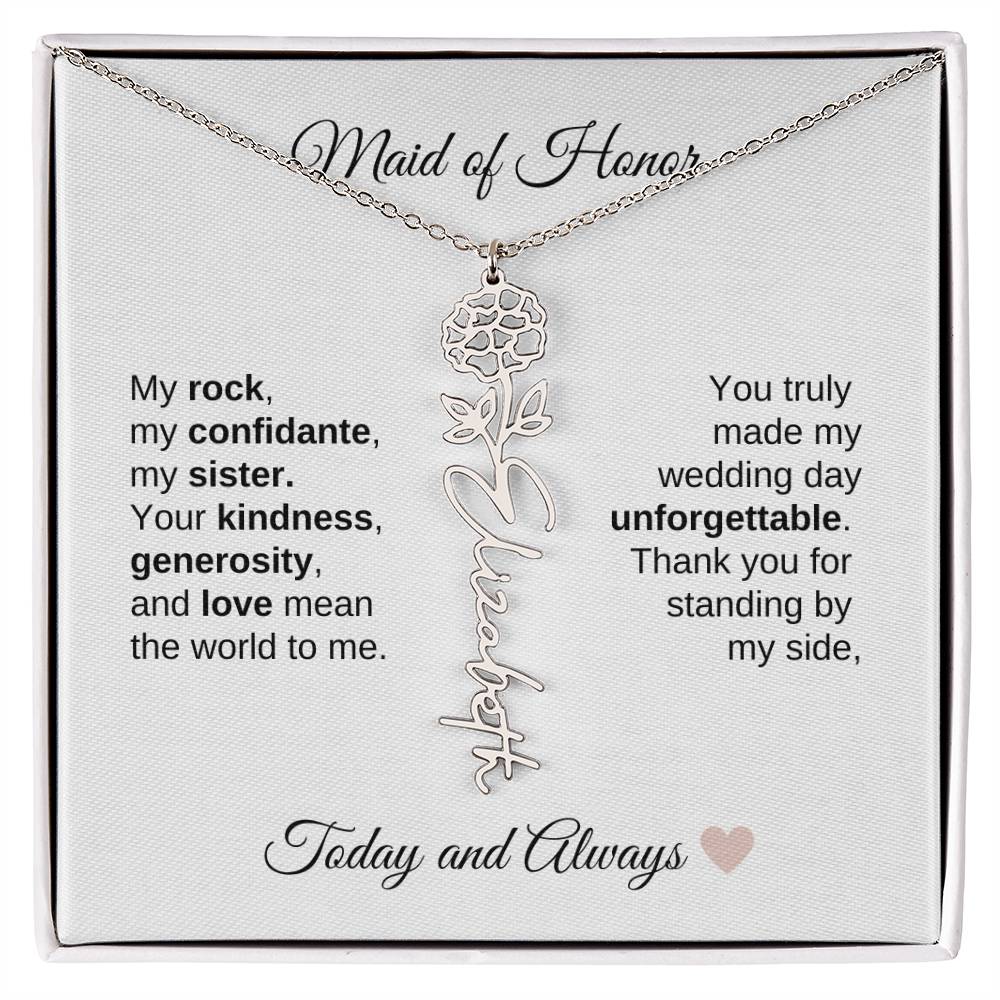 Maid of Honor Wedding Day Gifts Bridal Party Gifts Birth Flower Name Necklace