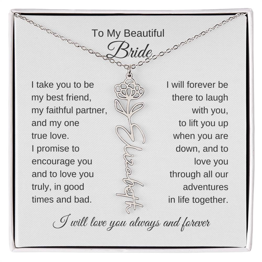 To My Beautiful Bride Gift To Bride From Groom Wedding Gift Flower Name Necklace