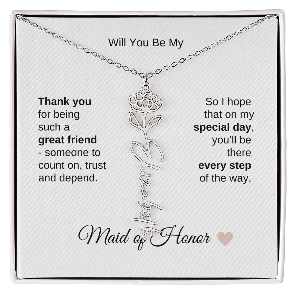 Will You Be My Maid of Honor Proposal Gift Birth Flower Name Necklace