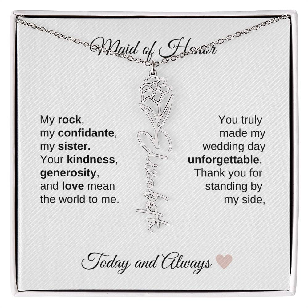 Maid of Honor Wedding Day Gifts Bridal Party Gifts Birth Flower Name Necklace