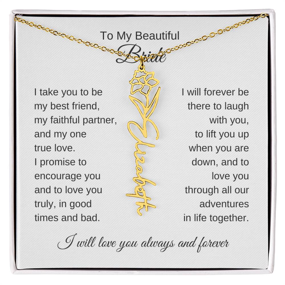 To My Beautiful Bride Gift To Bride From Groom Wedding Gift Flower Name Necklace