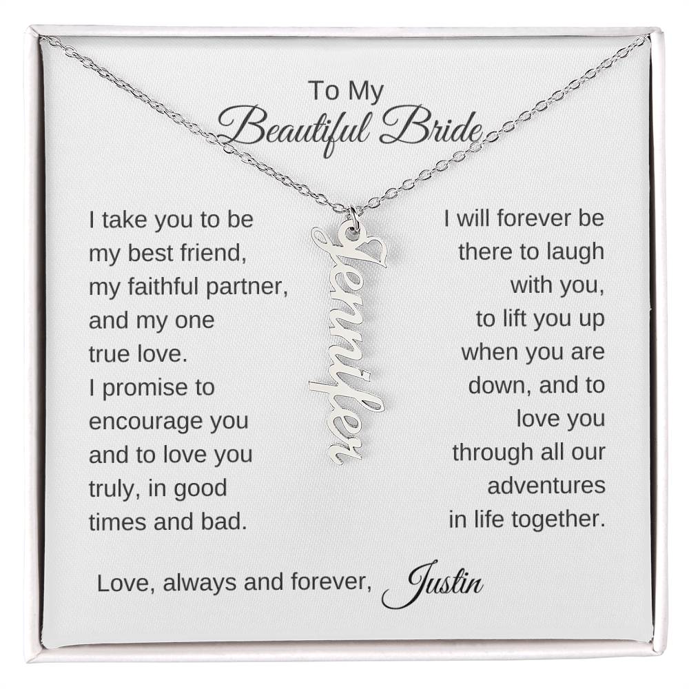 To My Beautiful Bride Gift To Bride From Groom Wedding Gift Vertical Names Necklace