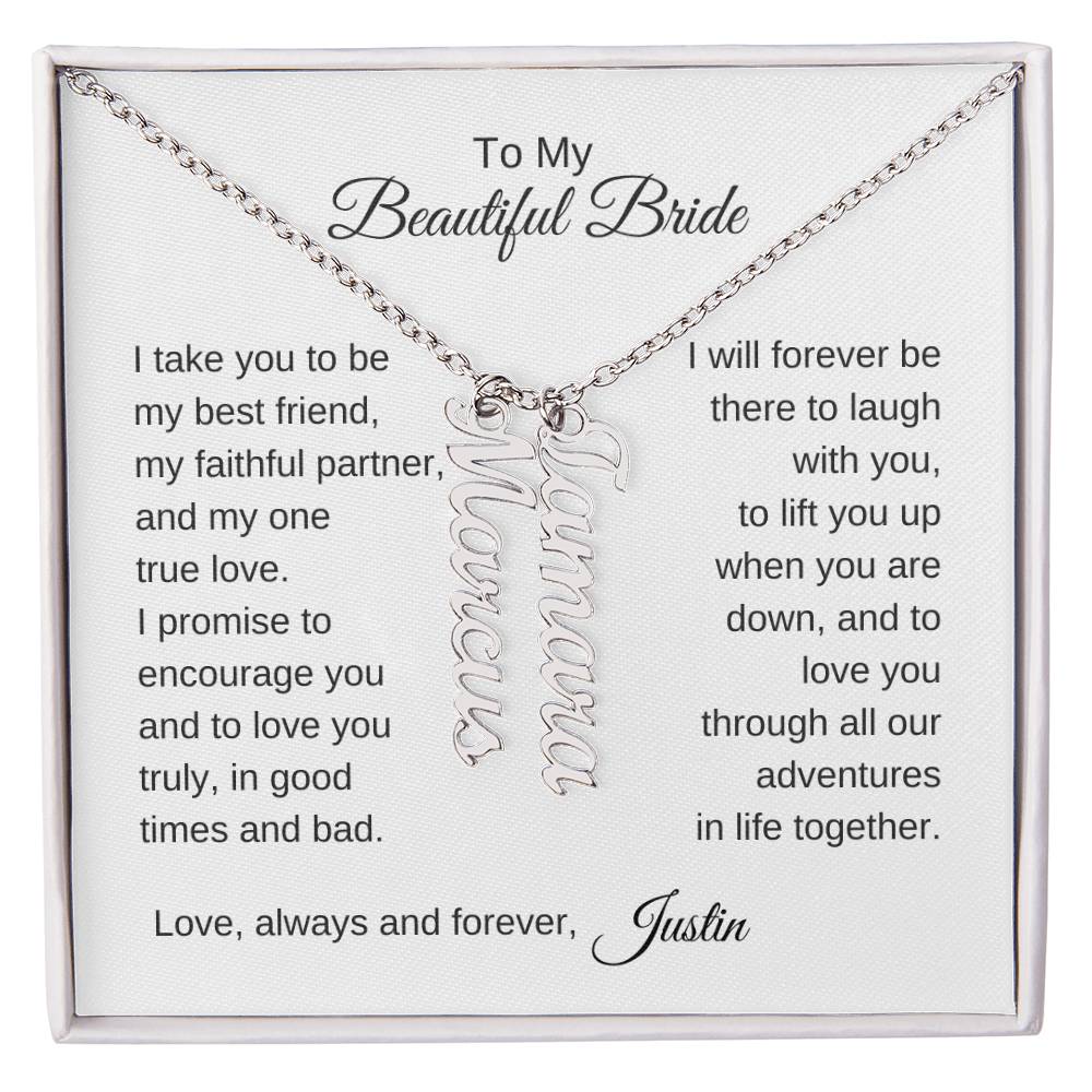 To My Beautiful Bride Gift To Bride From Groom Wedding Gift Vertical Names Necklace