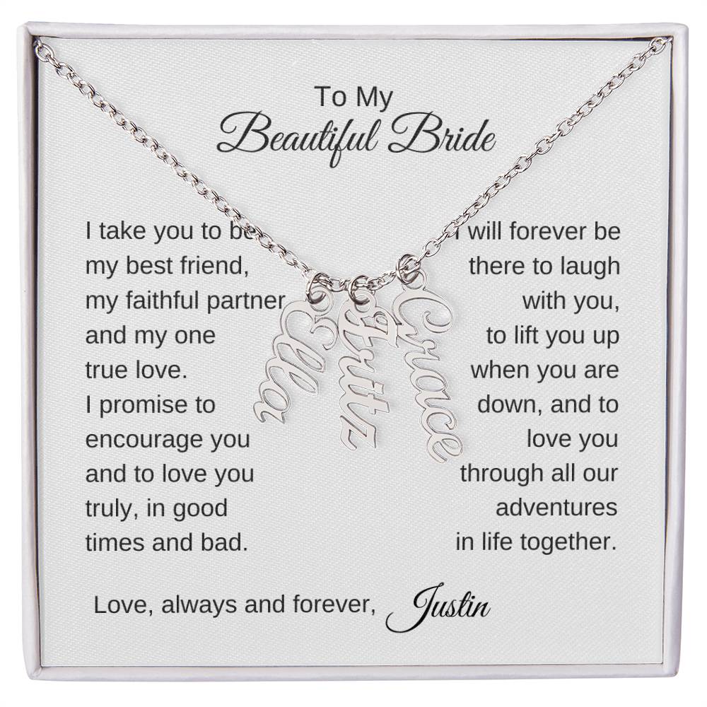 To My Beautiful Bride Gift To Bride From Groom Wedding Gift Vertical Names Necklace