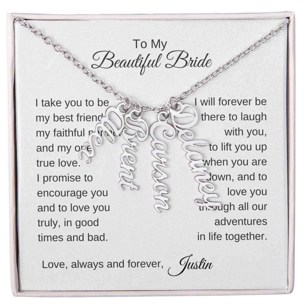 To My Beautiful Bride Gift To Bride From Groom Wedding Gift Vertical Names Necklace