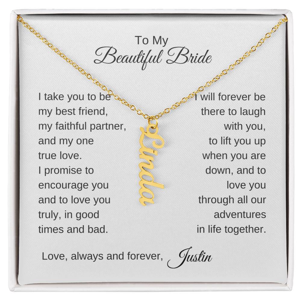 To My Beautiful Bride Gift To Bride From Groom Wedding Gift Vertical Names Necklace