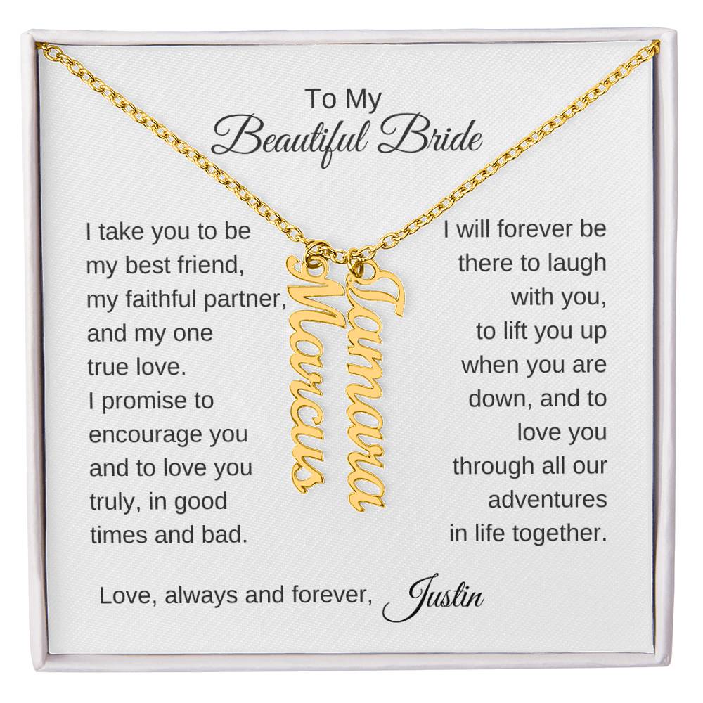 To My Beautiful Bride Gift To Bride From Groom Wedding Gift Vertical Names Necklace