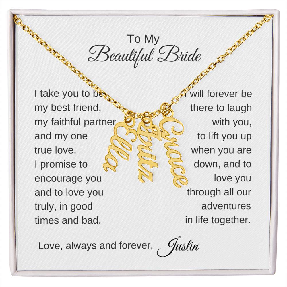 To My Beautiful Bride Gift To Bride From Groom Wedding Gift Vertical Names Necklace