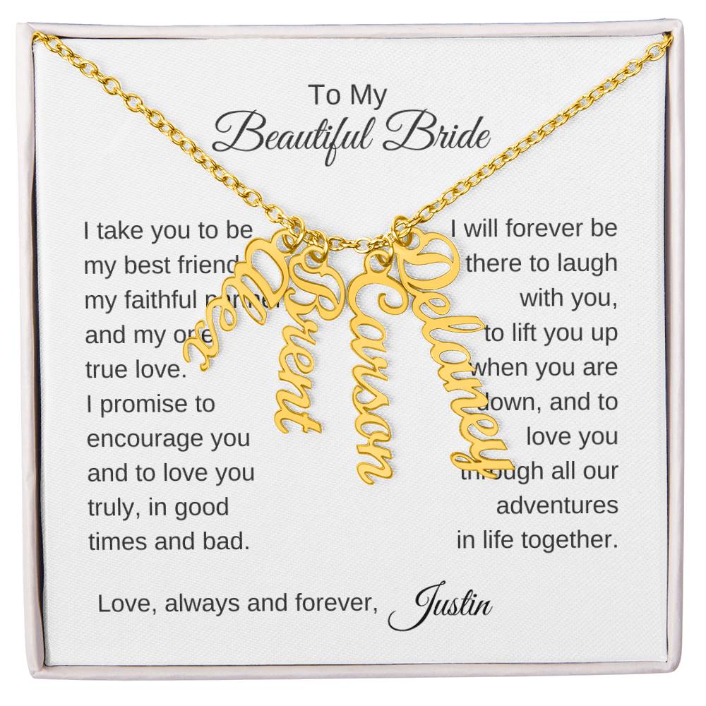 To My Beautiful Bride Gift To Bride From Groom Wedding Gift Vertical Names Necklace