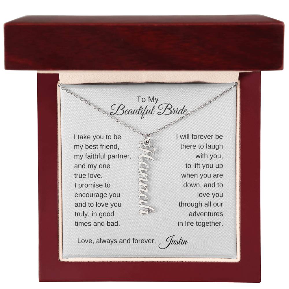 To My Beautiful Bride Gift To Bride From Groom Wedding Gift Vertical Names Necklace