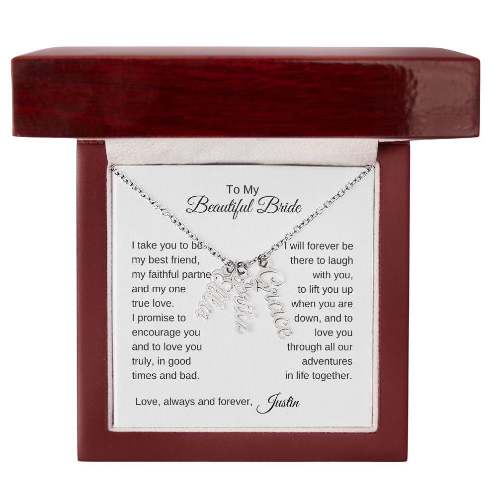 To My Beautiful Bride Gift To Bride From Groom Wedding Gift Vertical Names Necklace