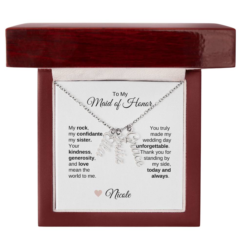 Maid of Honor Wedding Day Gifts Bridal Party Gifts Vertical Names Necklace