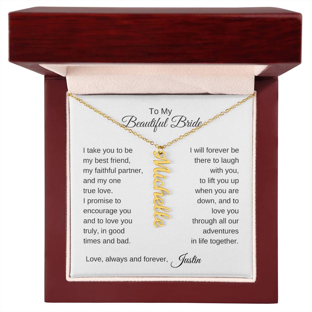 To My Beautiful Bride Gift To Bride From Groom Wedding Gift Vertical Names Necklace