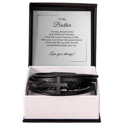 Bracelet gift for brother with thoughtful message card, black cross vegan leather bracelet for men