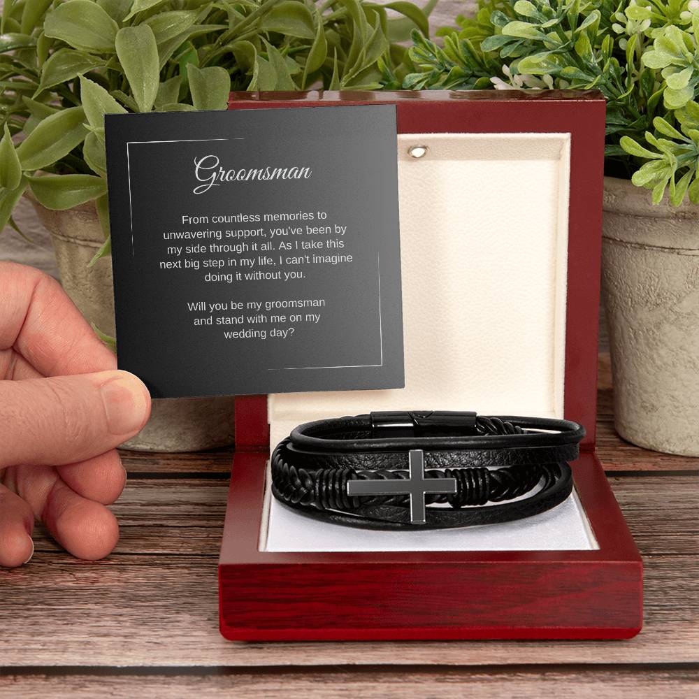 Groomsmen Proposal Gifts, Cross Leather Bracelet, Groomsman Proposal Card