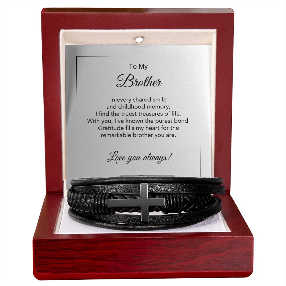 Bracelet gift for brother with thoughtful message card, black cross vegan leather bracelet for men