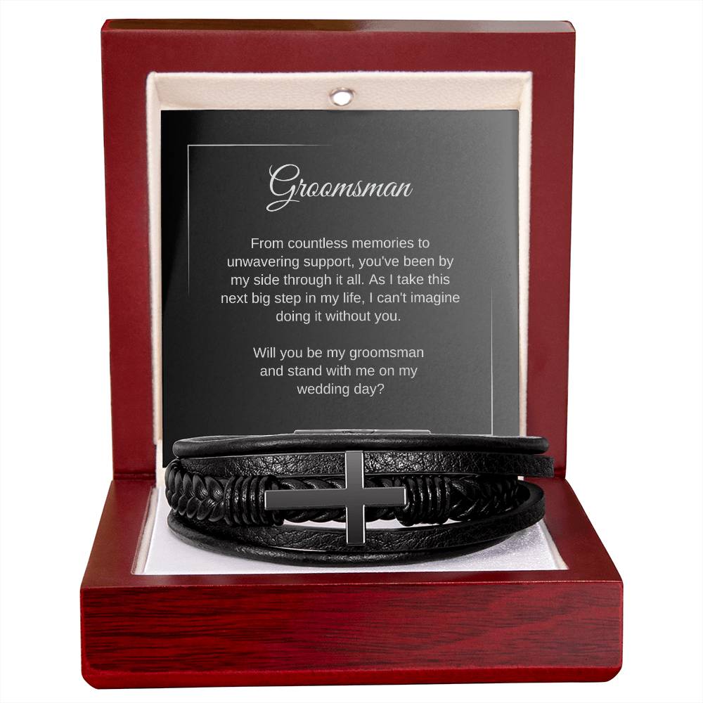 Groomsmen Proposal Gifts, Cross Leather Bracelet, Groomsman Proposal Card