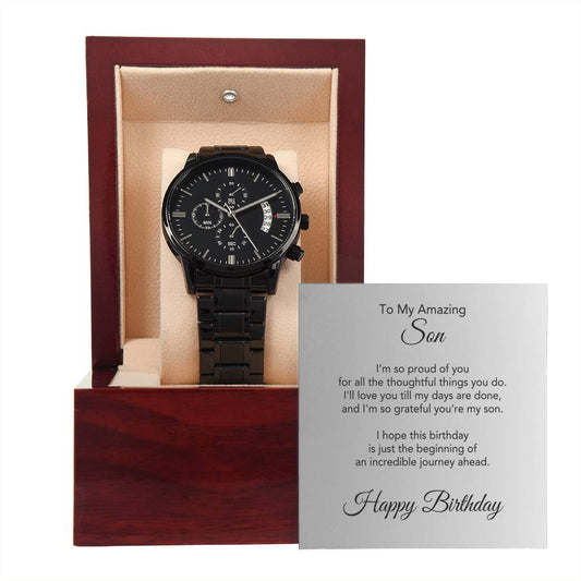 To My Son Birthday Gift Black Chronograph Watch for Men - MKTCustomDesigns